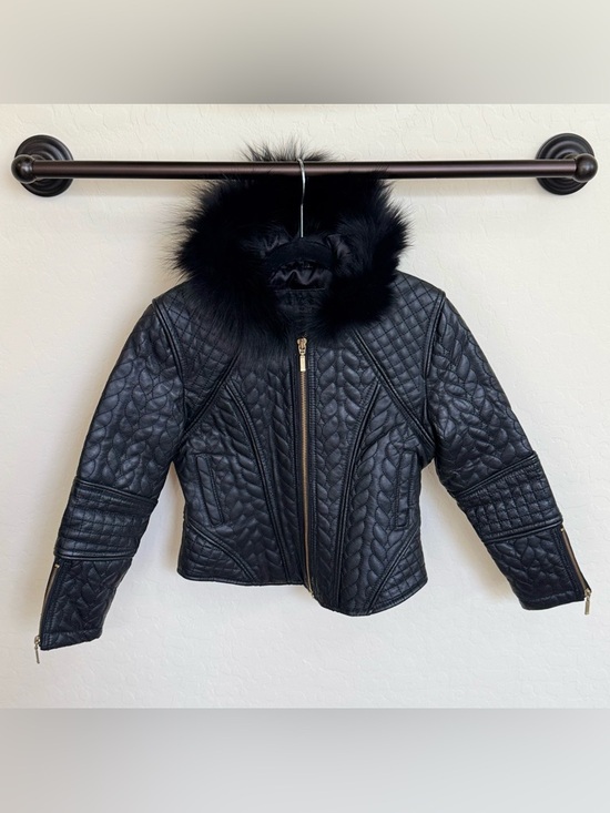 Oscar Kids Other - Oscar Kids Luxe Black Quilted 100% Leather Biker Jacket with Plush Fur Collar